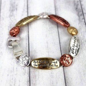 Bracelet. John 3:16 Scripture. Gold Silver Copper. Cross Beads. NWT.